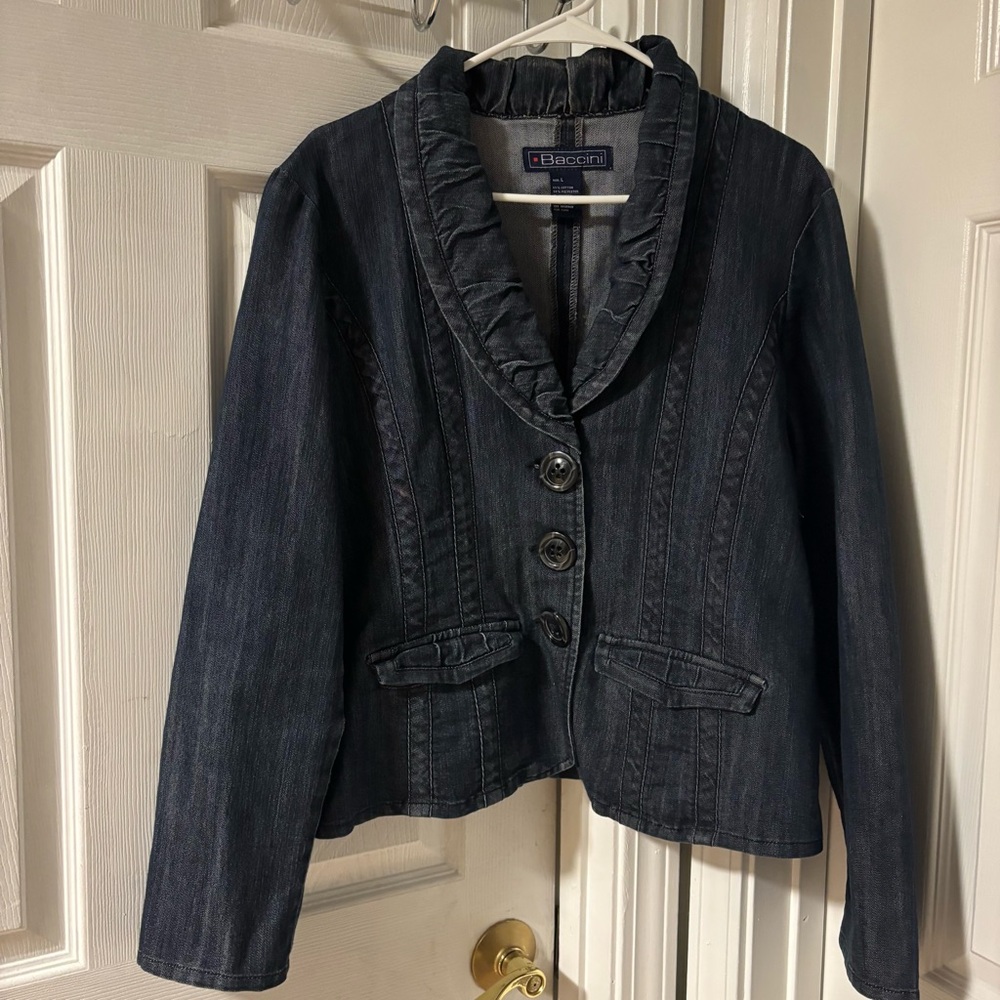 Baccini Dark Denim Blue Ruffle Collar Blazer